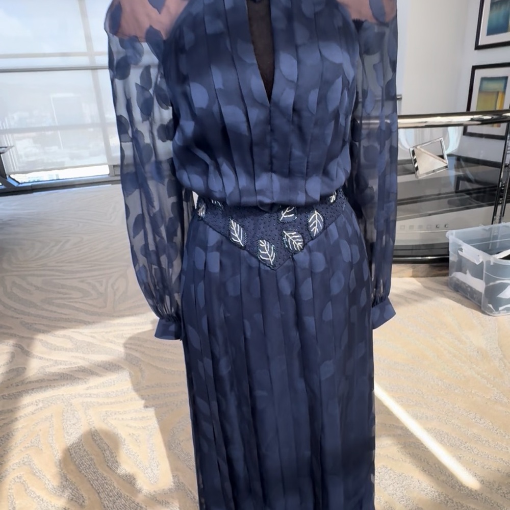 Vintage Sheer Navy Blue Dress with Hand Beaded Leaf Accents - Picture 8 of 9